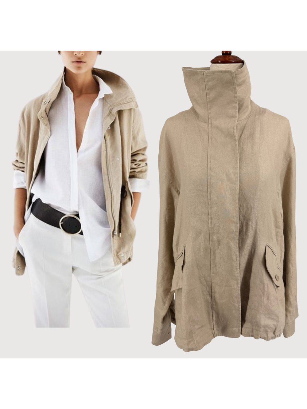 Massimo Dutti Linen Funnel Neck Utility Jacket